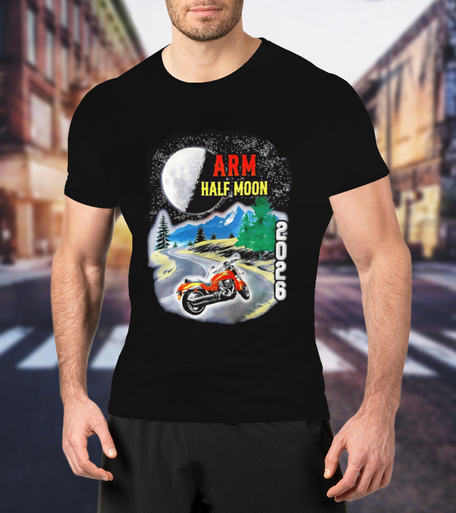 Arm Half Moon 2026 Orange Motorcycle Winding Mountain Road Night Sky T-Shirt
