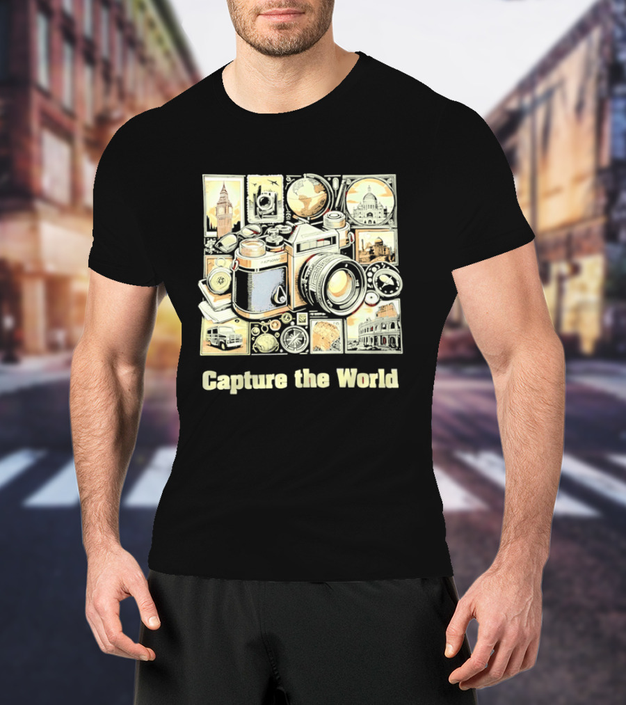 Capture The World Camera Globe Travel Landmarks Compass T-Shirt