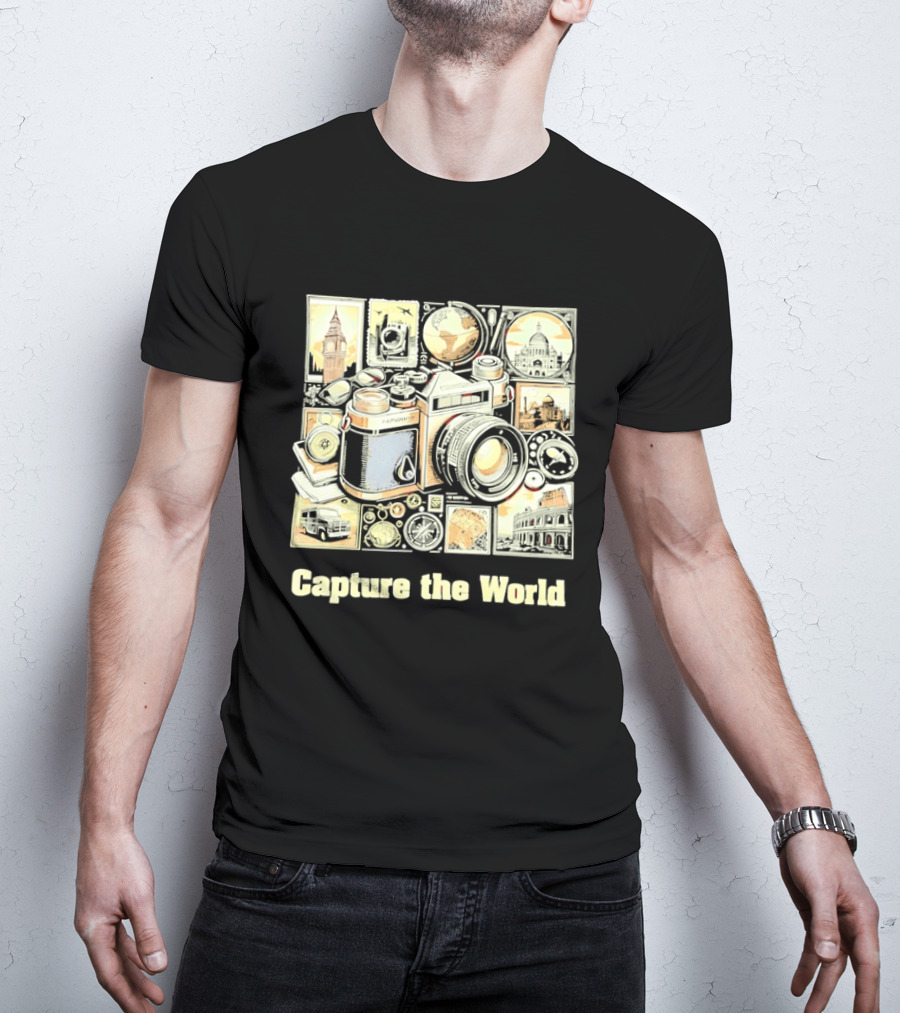 Capture The World Camera Globe Travel Landmarks Compass T-Shirt