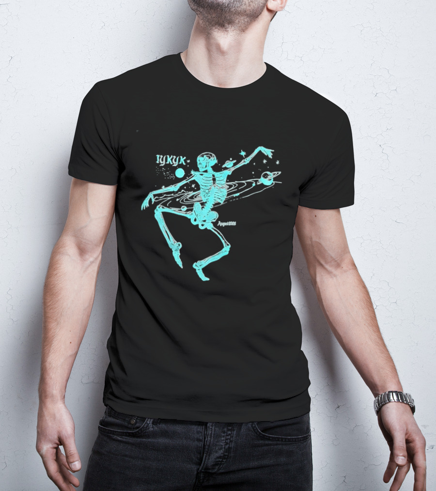 Iykyk August 2026 Cyan Dancing Skeleton With Space Orbit Sketch T-Shirt