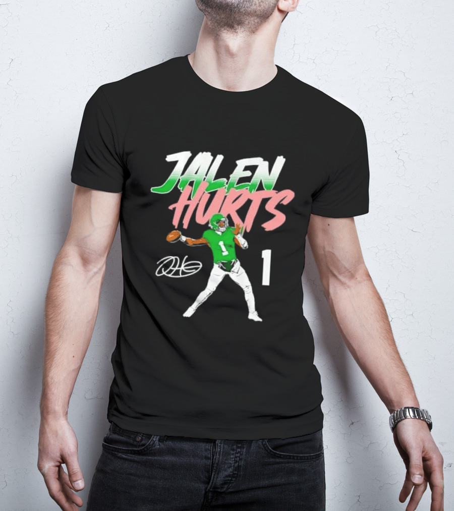 Jalen Hurts Quarterback Throwing Football Jersey Number 1 Signature Green T-Shirt