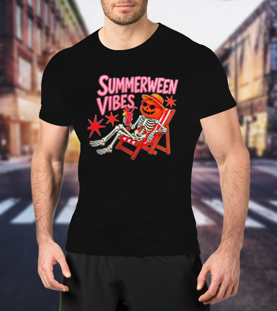 Summerween Vibes Skeleton Pumpkin Sunglasses Lounge Chair Drink T-Shirt