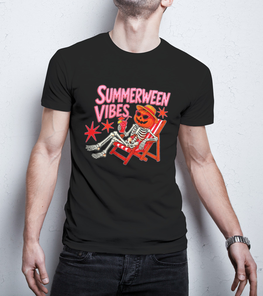 Summerween Vibes Skeleton Pumpkin Sunglasses Lounge Chair Drink T-Shirt