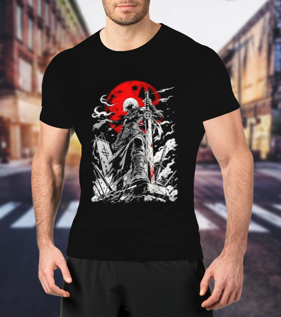 Dark Fantasy Warrior Bloody Sword Red Moon Battlefield Epic Scene T-Shirt