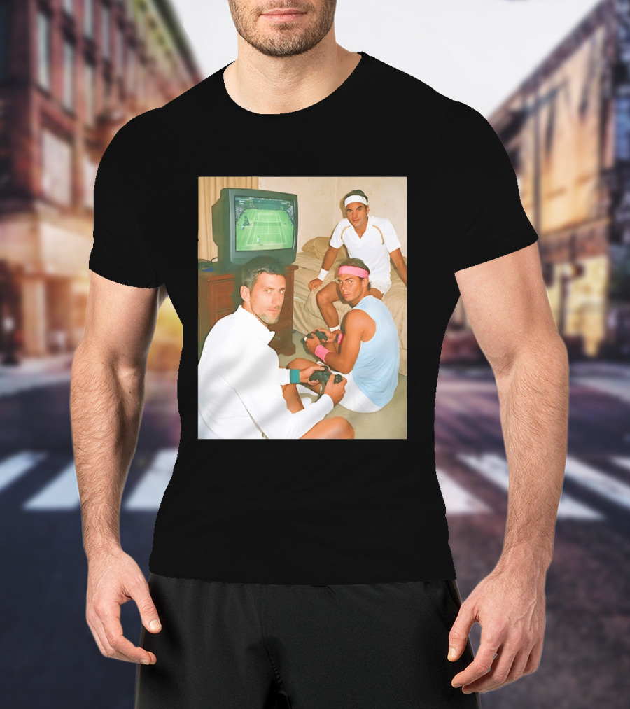 Novak Djokovic Rafael Nadal Roger Federer Playing Tennis Video Game T-Shirt