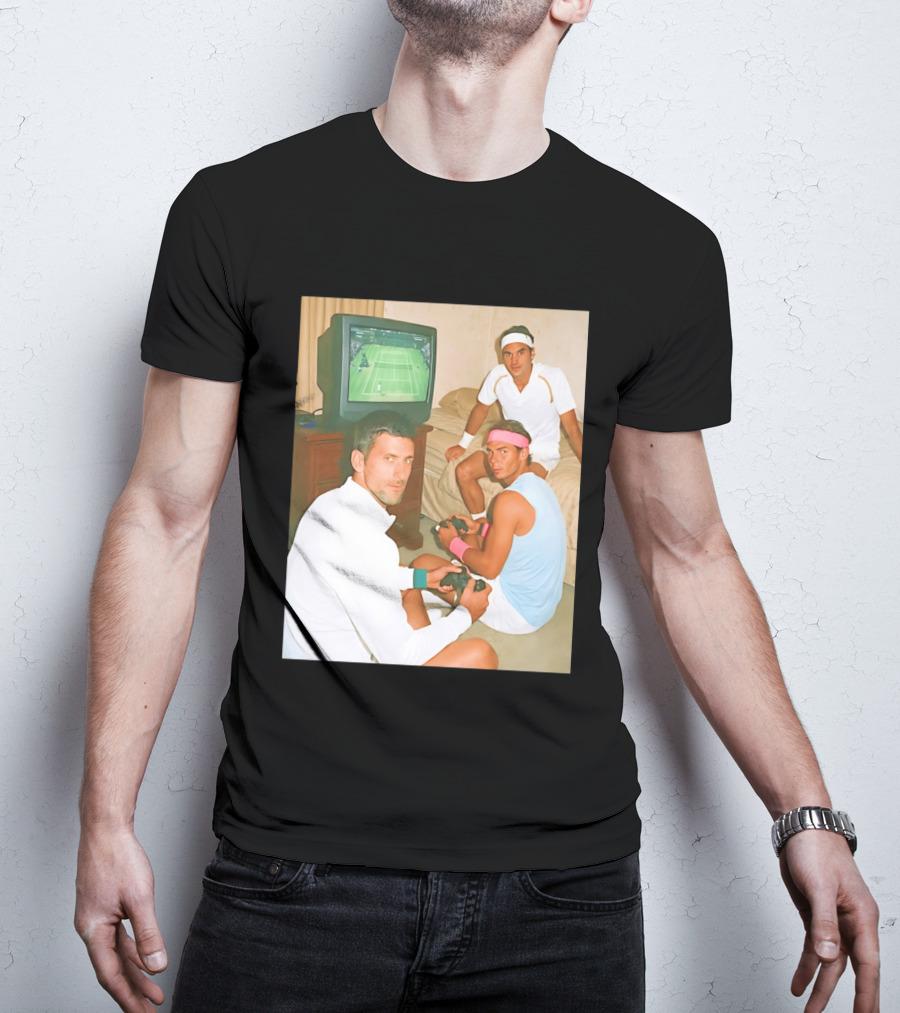 Novak Djokovic Rafael Nadal Roger Federer Playing Tennis Video Game T-Shirt
