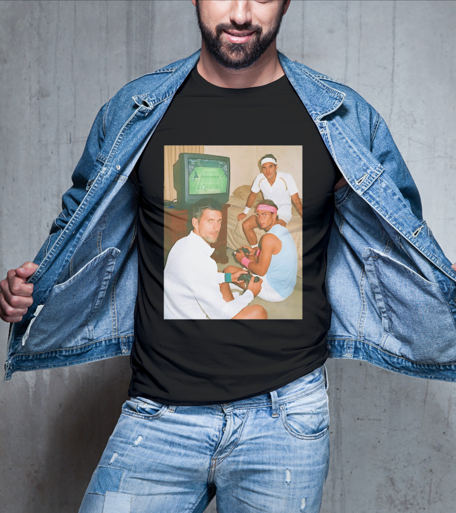 Novak Djokovic Rafael Nadal Roger Federer Playing Tennis Video Game T-Shirt