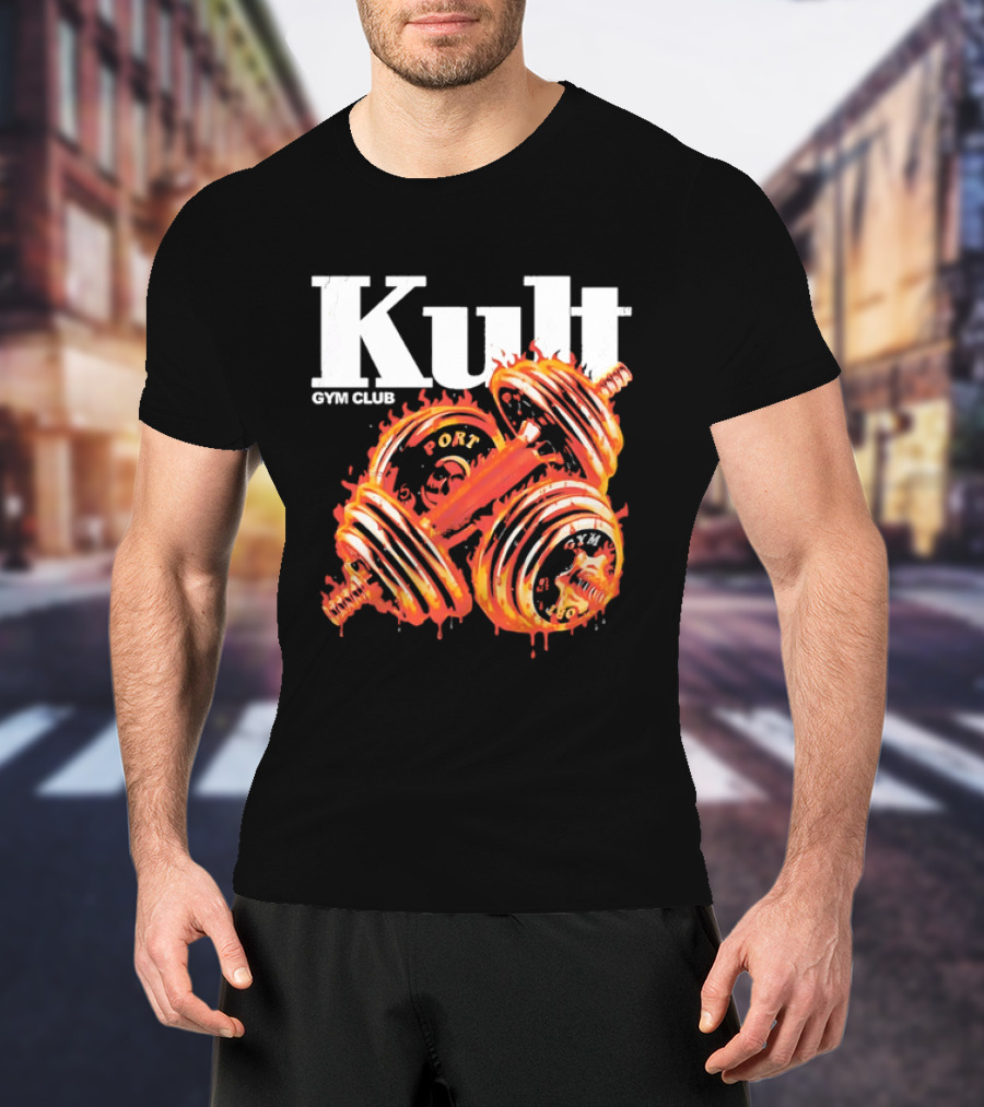 Kult Gym Club Sport Fiery Dumbbells Dripping Lava Distressed T-Shirt