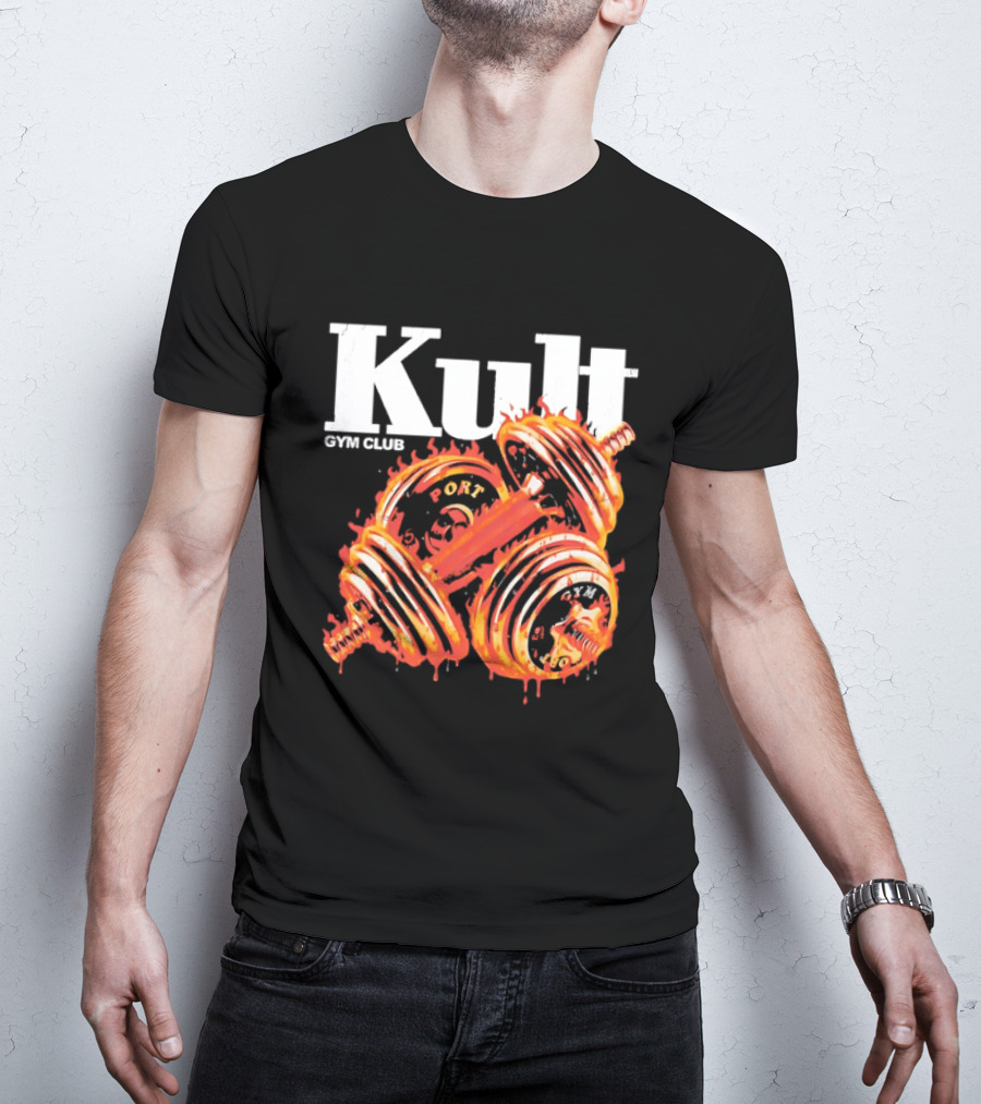 Kult Gym Club Sport Fiery Dumbbells Dripping Lava Distressed T-Shirt