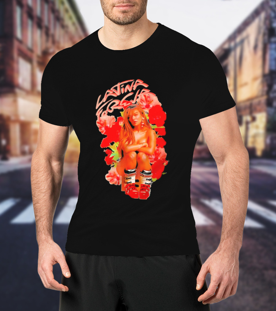 Latina Forever Woman Surrounded By Red Hibiscus With Ski Boots T-Shirt