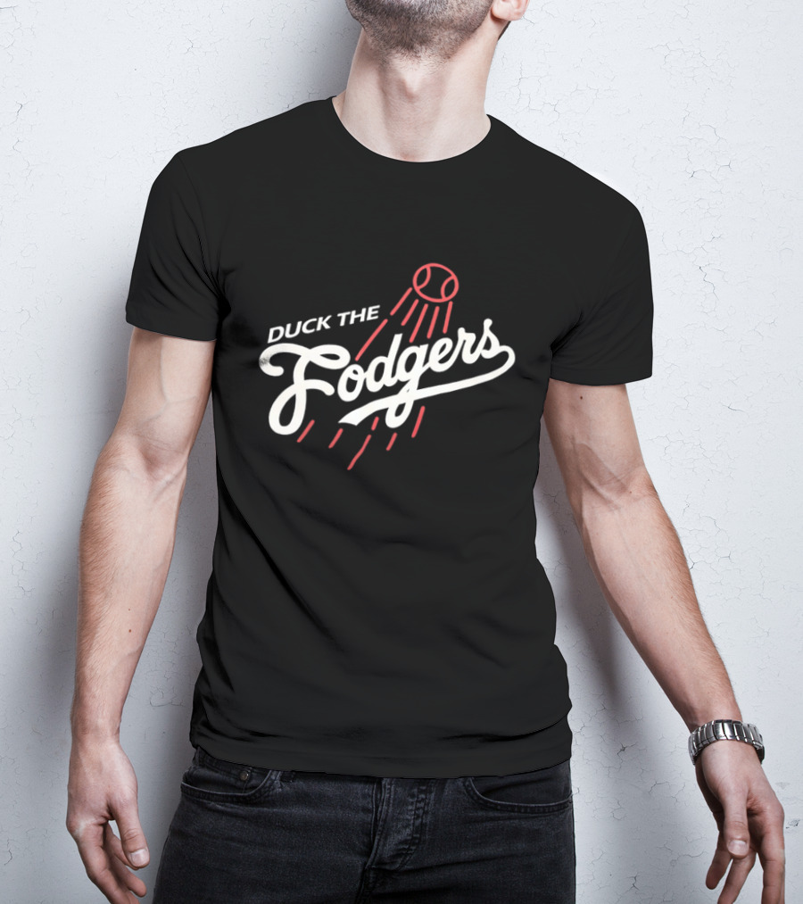 Duck The Fodgers White Script Flying Baseball Red Motion Lines T-Shirt