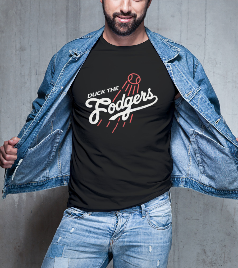 Duck The Fodgers White Script Flying Baseball Red Motion Lines T-Shirt