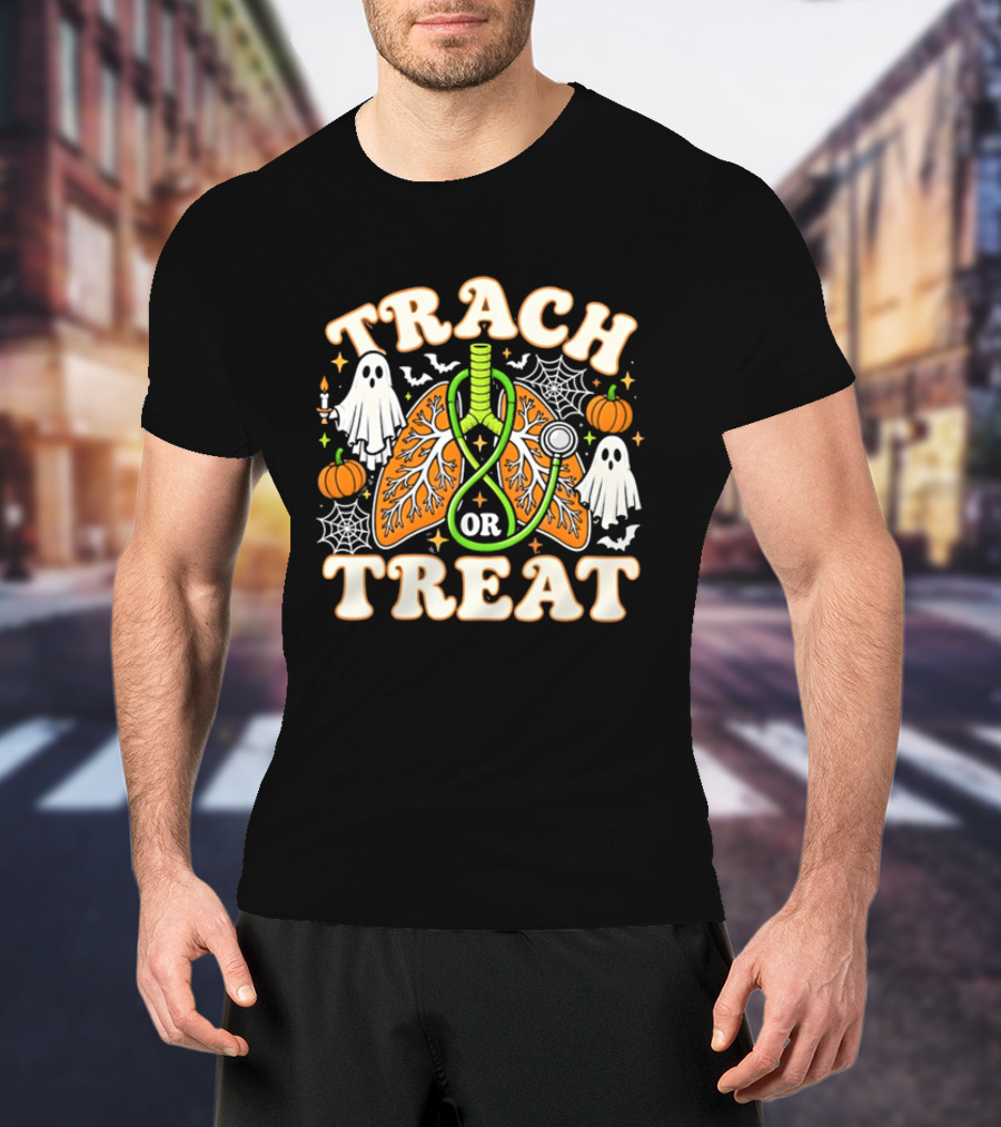 Trach Or Treat Lungs Stethoscope Ghosts Pumpkins Spider Webs Halloween Cartoon T-Shirt