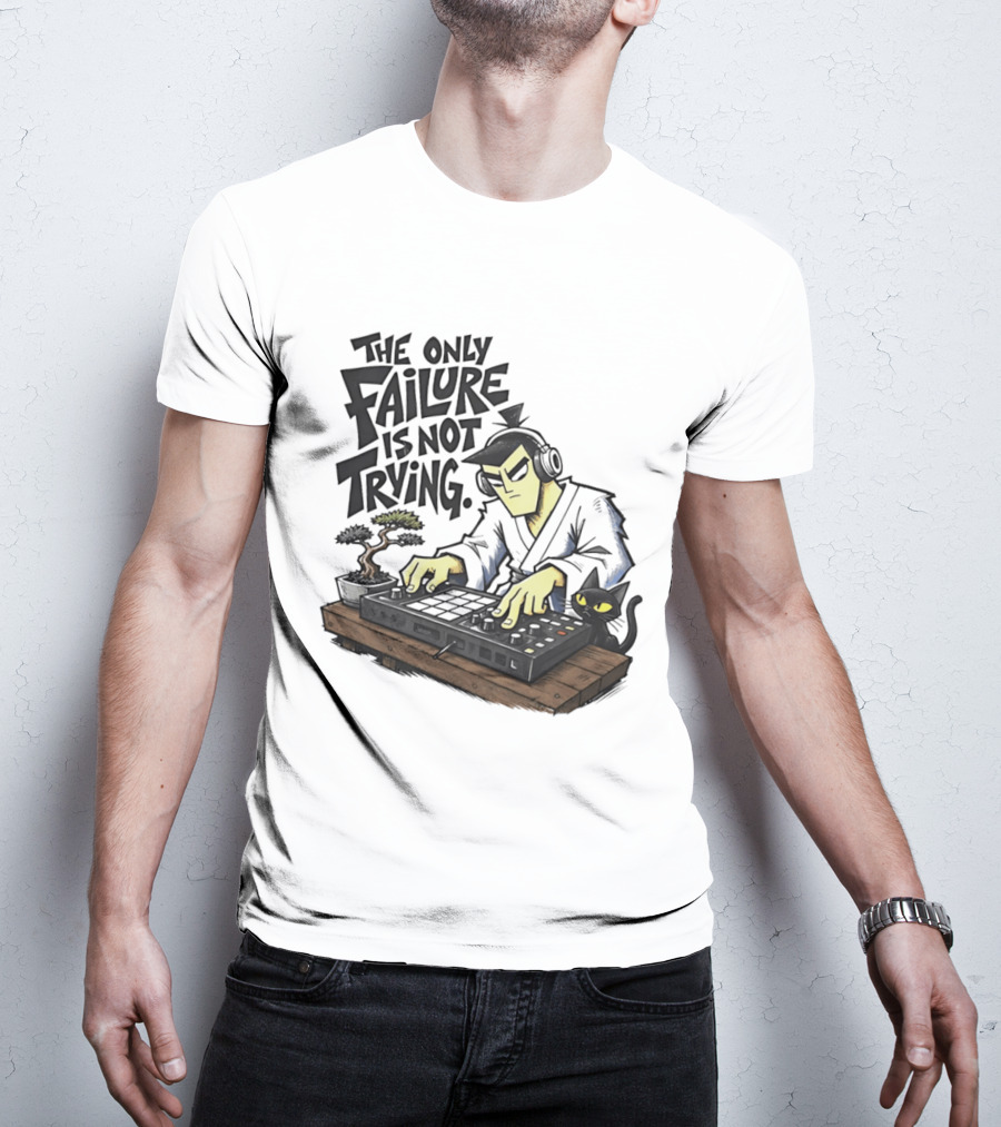 The Only Failure Is Not Trying Samurai DJ With Cat And Bonsai T-Shirt