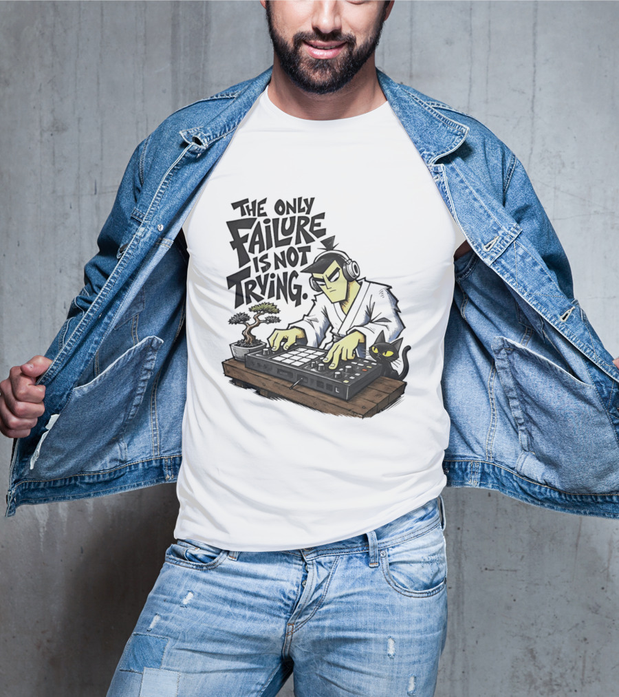 The Only Failure Is Not Trying Samurai DJ With Cat And Bonsai T-Shirt