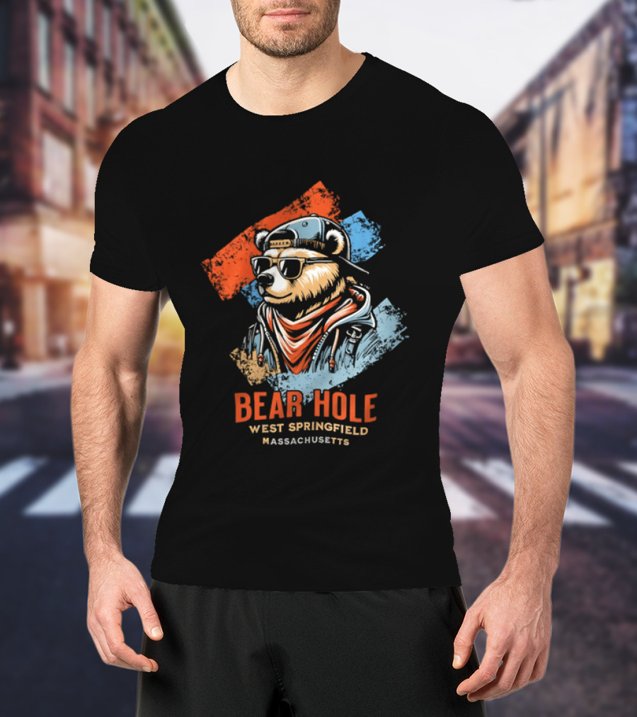 Bear Hole West Springfield Massachusetts Bear Wearing Sunglasses Cap Bandana Distressed T-Shirt