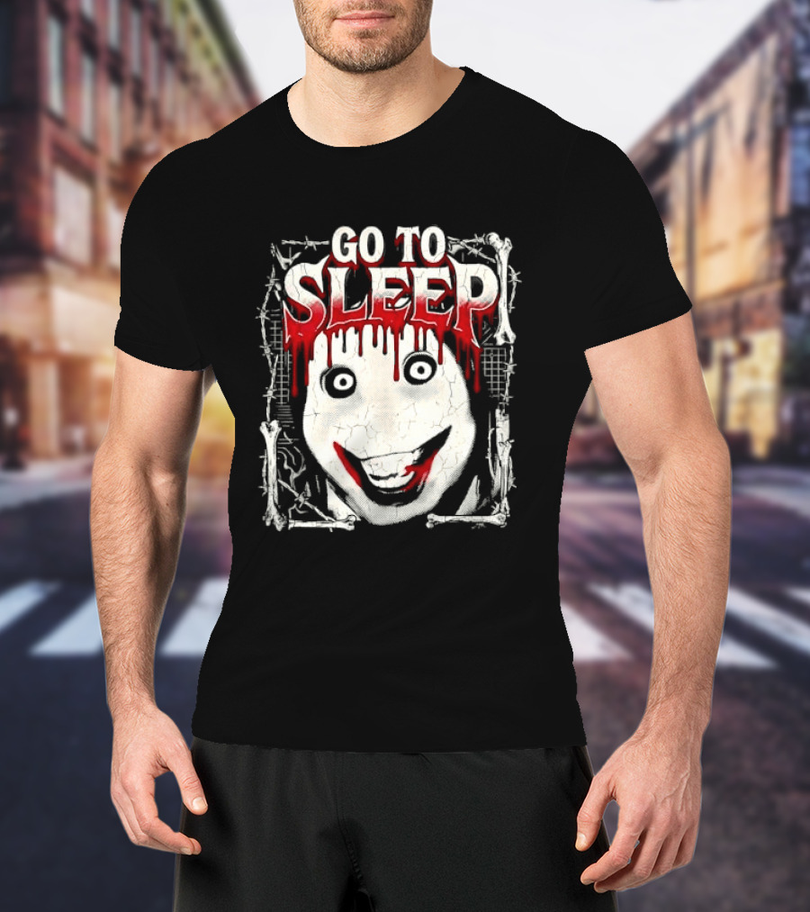 Go To Sleep Creepy Pale Face Bloody Smile Barbed Wire Bones T-Shirt