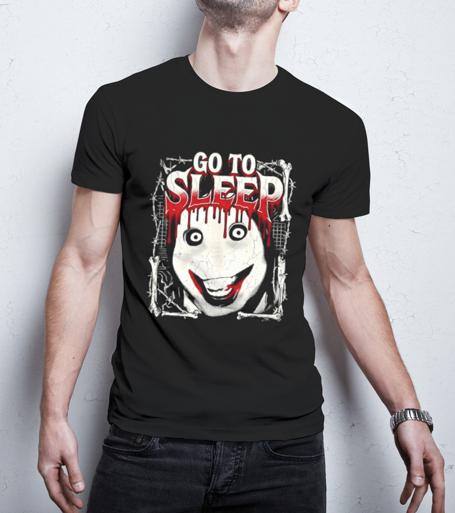 Go To Sleep Creepy Pale Face Bloody Smile Barbed Wire Bones T-Shirt