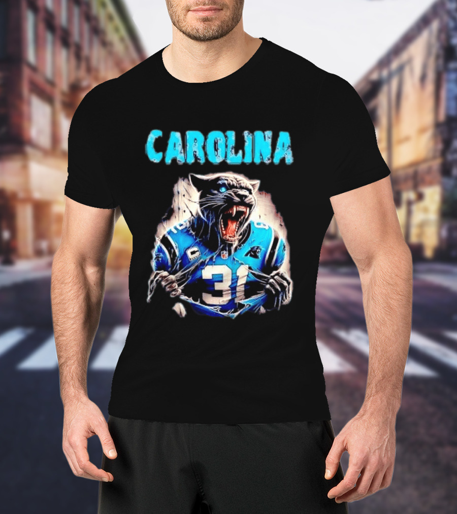 Carolina Panthers Snarling Beast Tearing Blue Jersey 31 T-Shirt