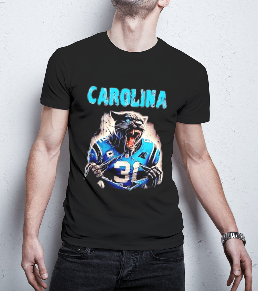 Carolina Panthers Snarling Beast Tearing Blue Jersey 31 T-Shirt