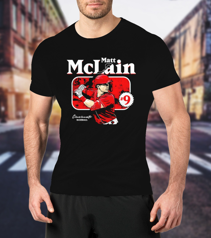 Matt McLain Cincinnati Baseball Number 9 Batter Stance Red Frame T-Shirt
