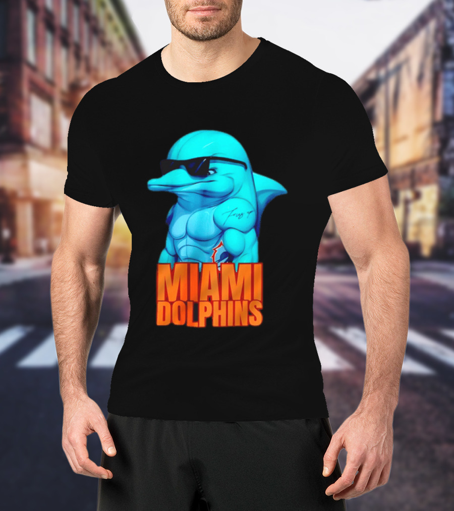 Miami Dolphins Fins Up Muscular Cartoon Sunglasses Tattoo T-Shirt