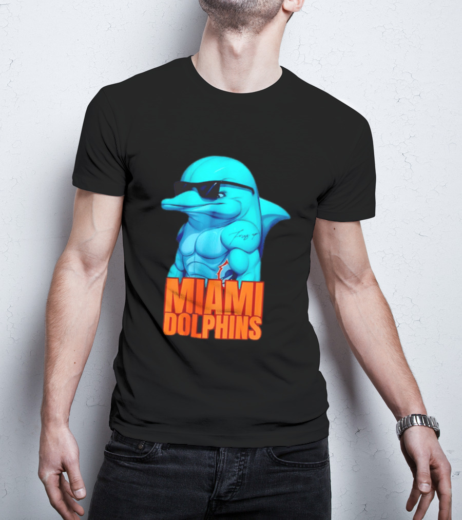 Miami Dolphins Fins Up Muscular Cartoon Sunglasses Tattoo T-Shirt