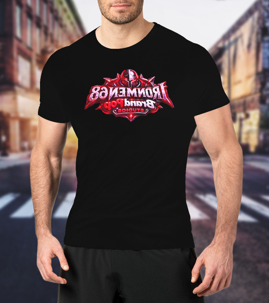 Ironmen 68 Brand Pop Studios Armored Knight Helmet Red Glowing Eyes T-Shirt