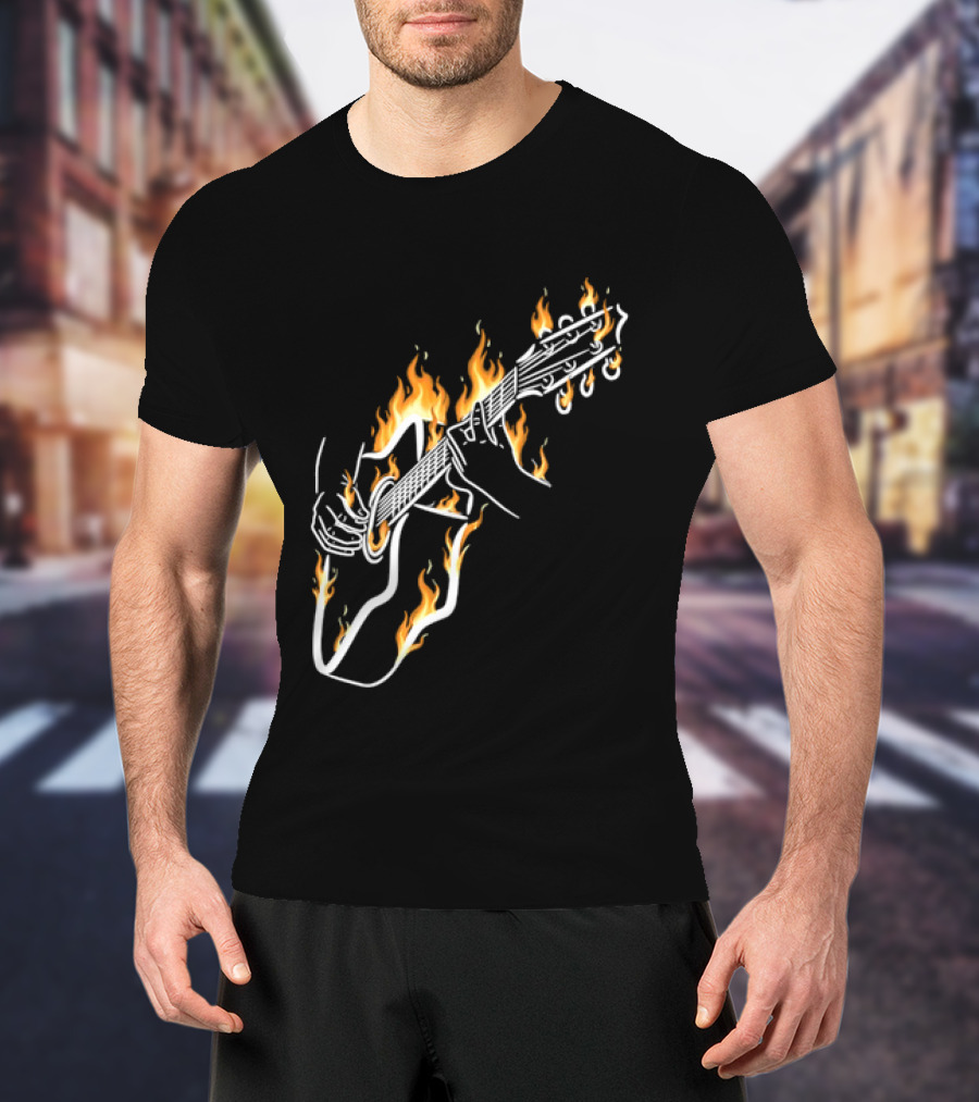 Musician Hands Flaming Acoustic Guitar White Line Artistry T-Shirt