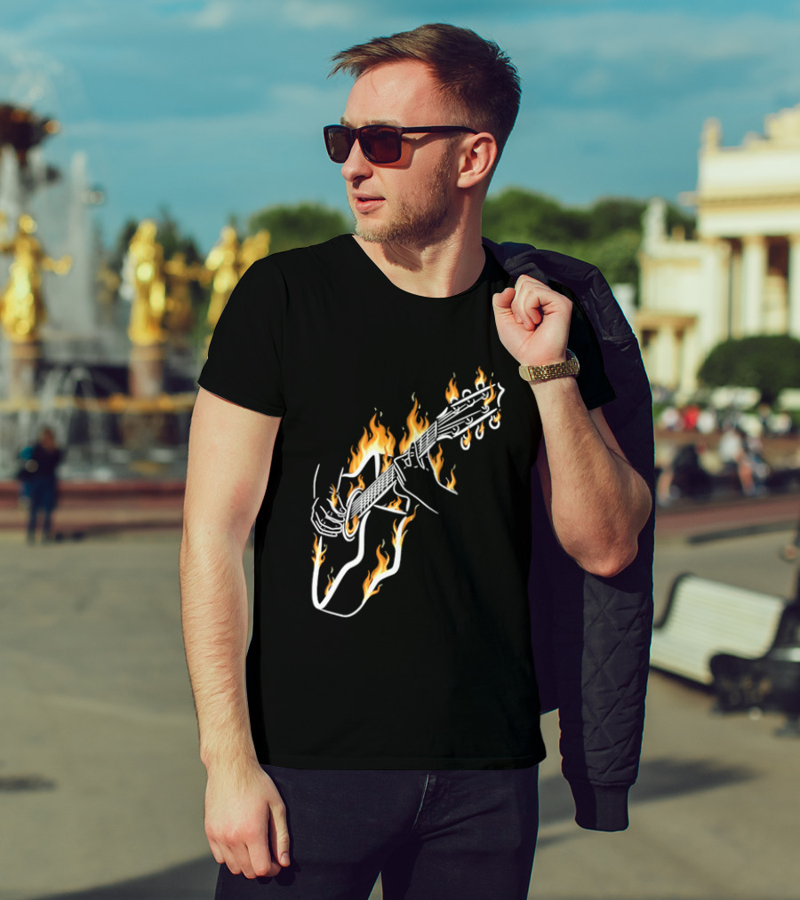 Musician Hands Flaming Acoustic Guitar White Line Artistry T-Shirt