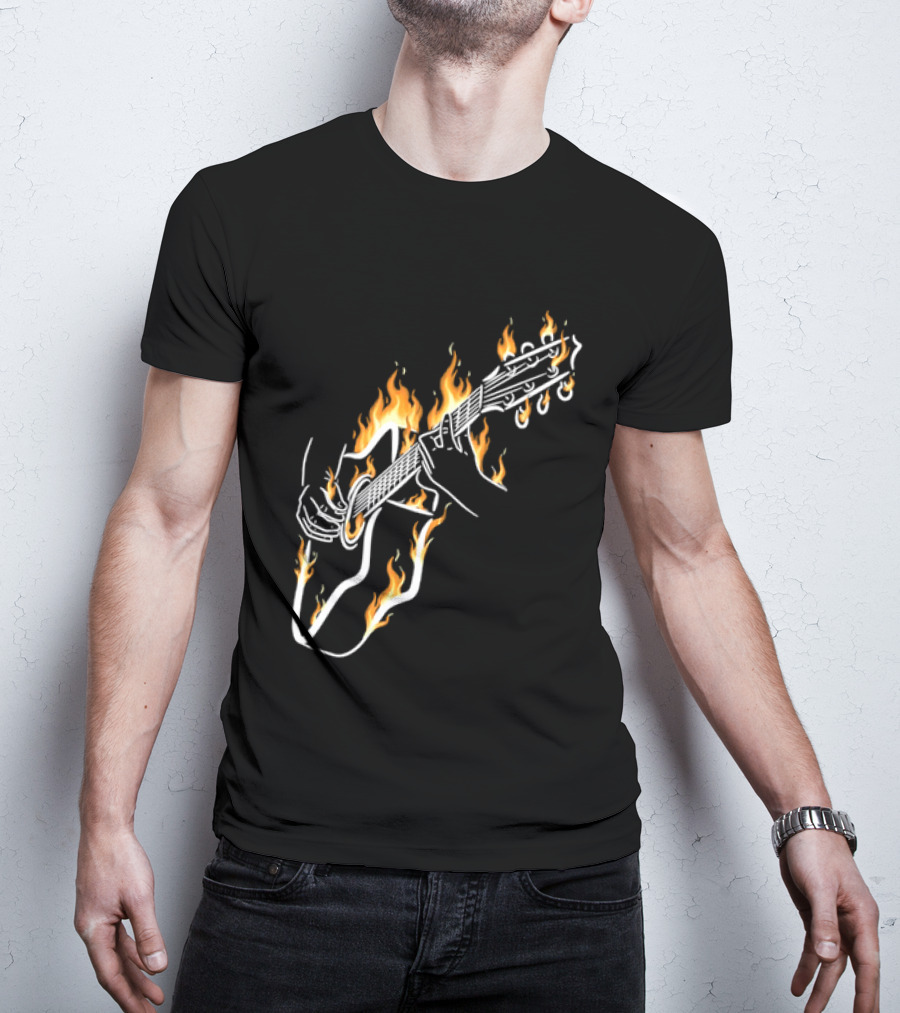 Musician Hands Flaming Acoustic Guitar White Line Artistry T-Shirt