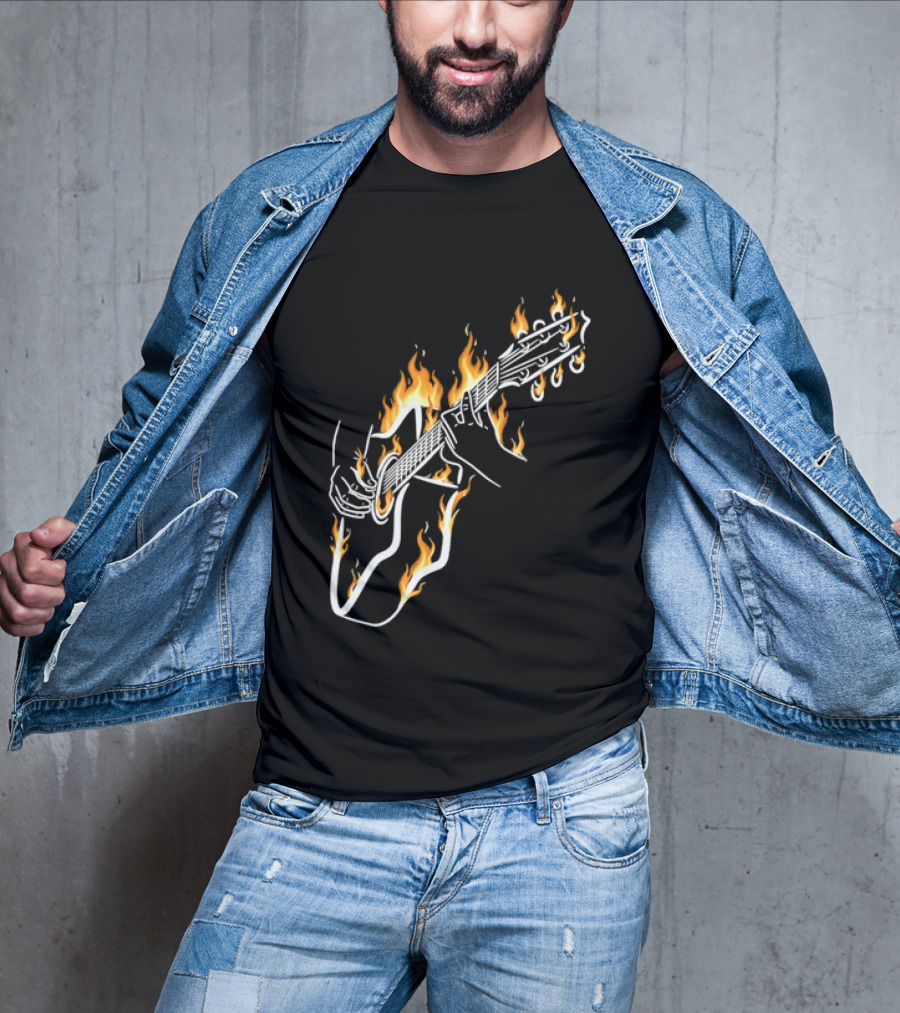 Musician Hands Flaming Acoustic Guitar White Line Artistry T-Shirt