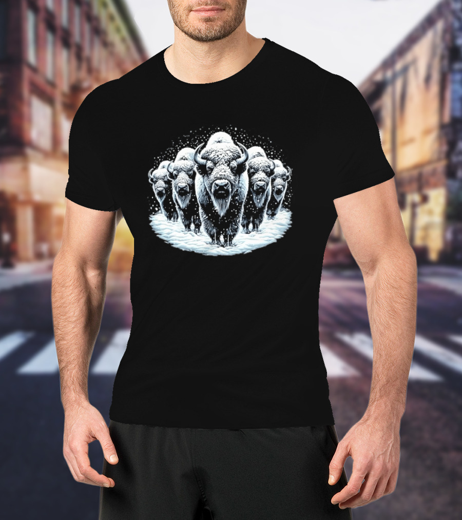 Five Snowbound American Bison Herd Winter Blizzard Snowdrift T-Shirt