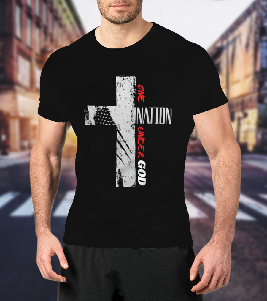 One Nation Under God Distressed Cross American Flag Stars T-Shirt