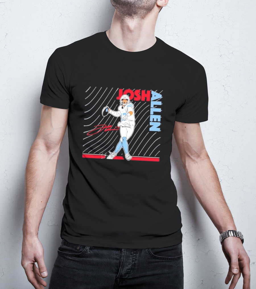 Josh Allen Quarterback Throwing Football Wavy Line Illustration With Bold Name T-Shirt