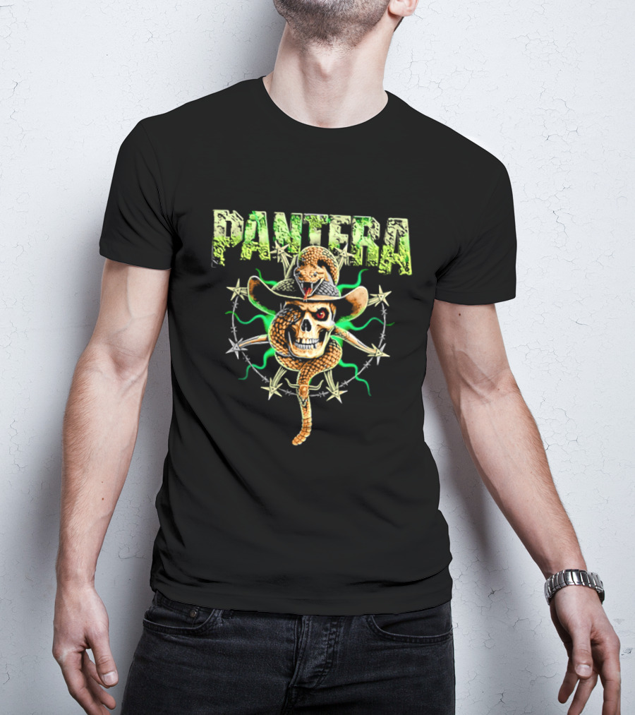Pantera Rattlesnake Coiled Skull Cowboy Hat Green Glow T-Shirt