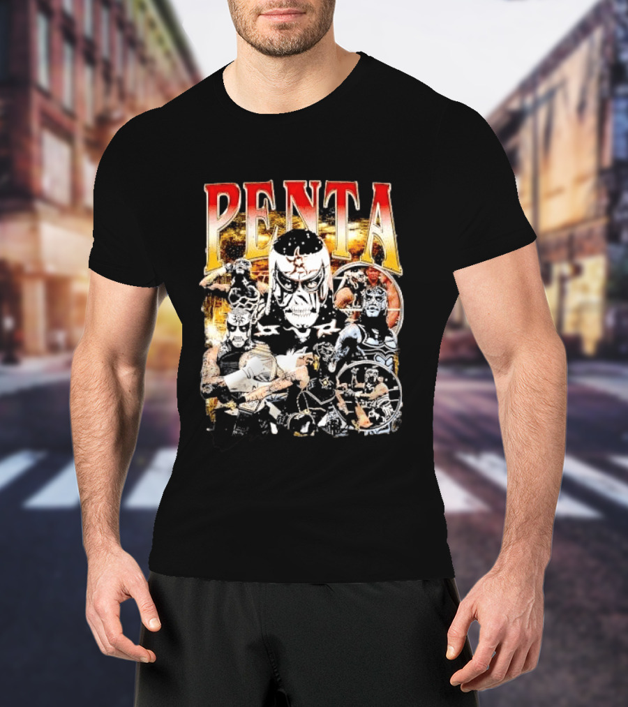 Penta Masked Luchador Wrestler Belt Photo Collage Bootleg T-Shirt