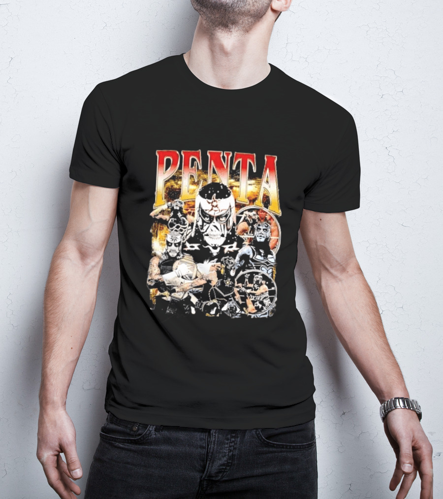 Penta Masked Luchador Wrestler Belt Photo Collage Bootleg T-Shirt