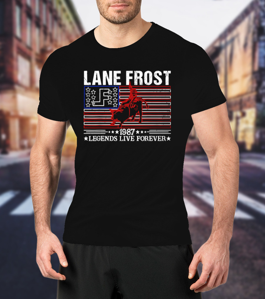 Lane Frost 1987 Legends Live Forever Rodeo US Flag T-Shirt