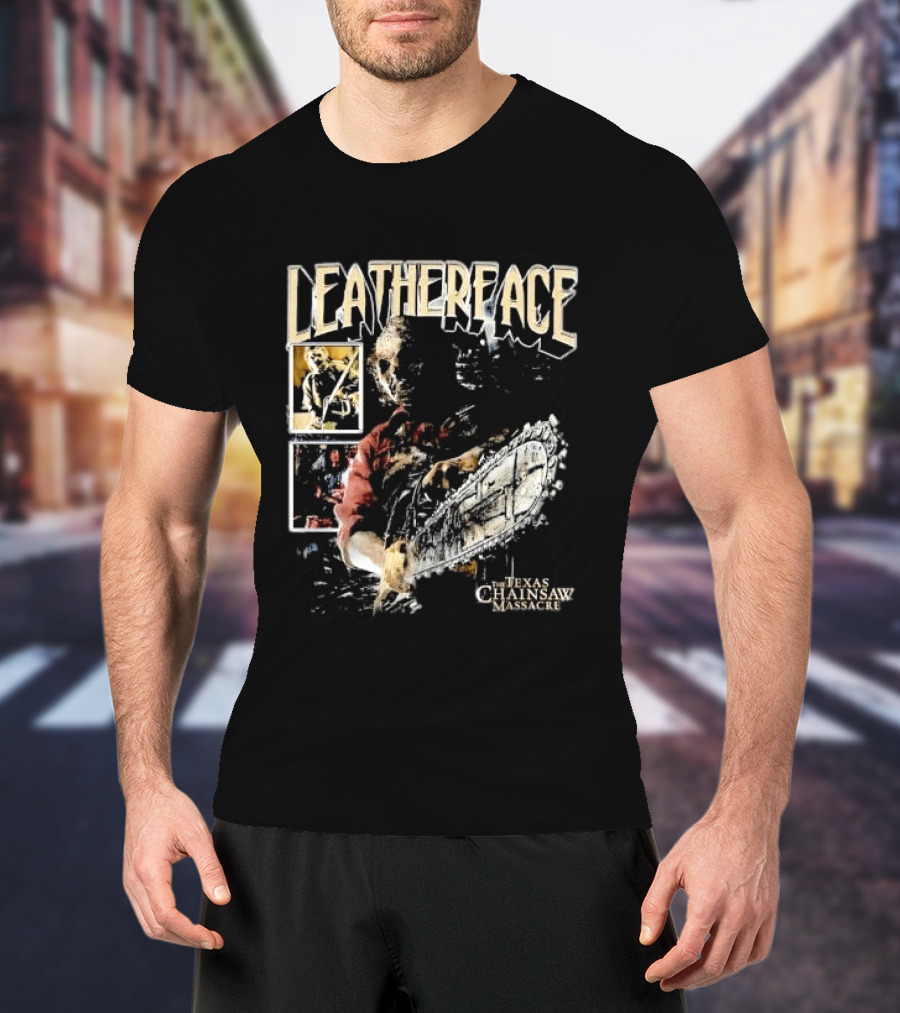 Leatherface Texas Chainsaw Massacre Horror Collage Holding Saw T-Shirt