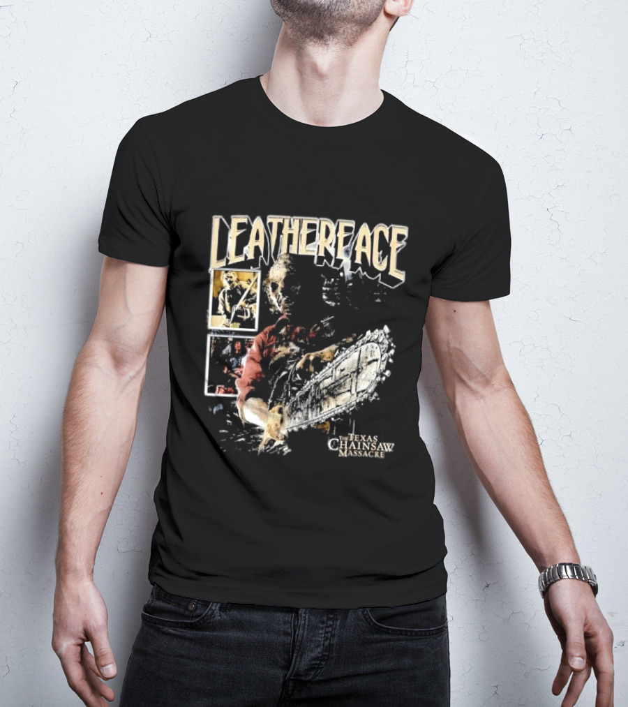 Leatherface Texas Chainsaw Massacre Horror Collage Holding Saw T-Shirt