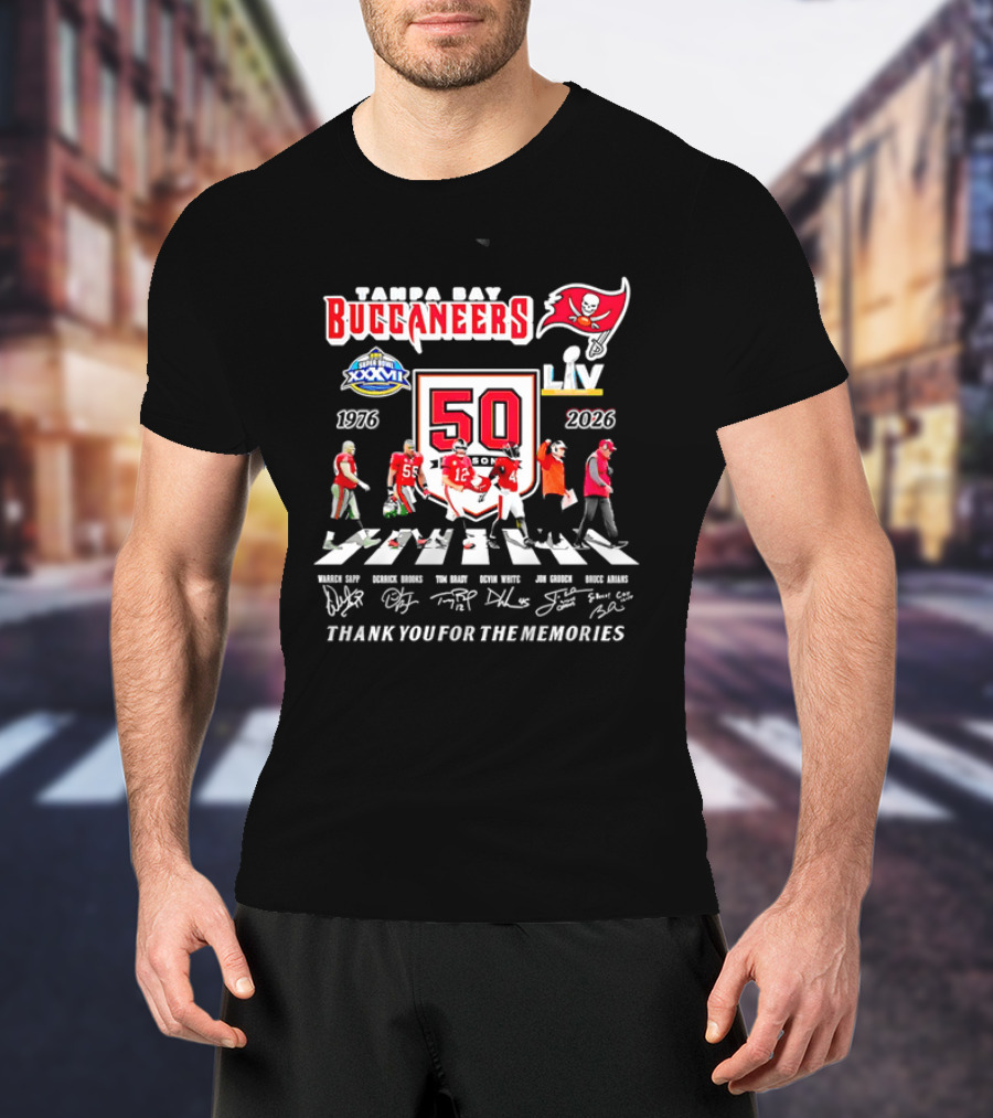Tampa Bay Buccaneers 50th Anniversary Thank You For The Memories Warren Sapp Derrick Brooks Abbey Road Crosswalk 1976 2026 T-Shirt