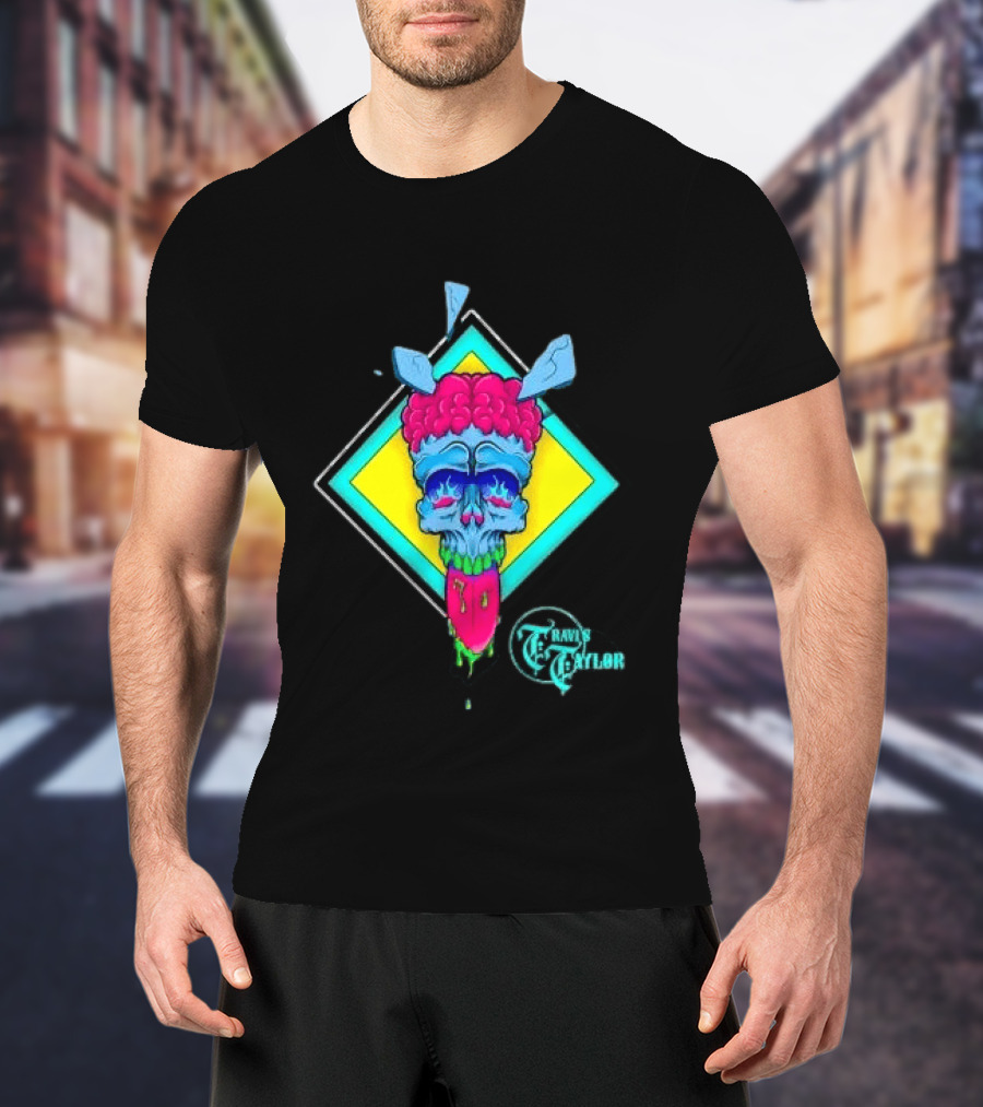 Travis Taylor Neon Skull Pink Brain Green Slime Tongue Diamond Geometric T-Shirt