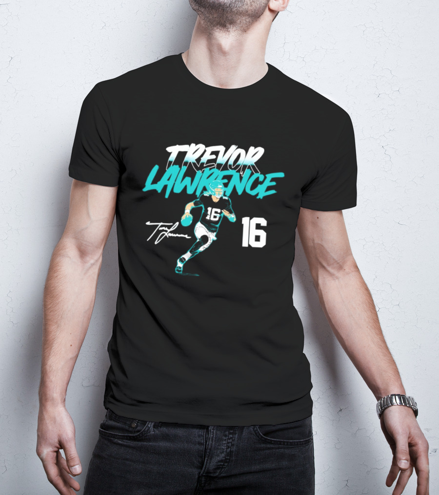 Trevor Lawrence No 16 Jaguars Signature Style Football 2026 T-Shirt