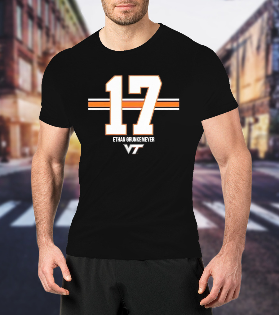 Virginia Tech Hokies Ethan Grunkemeyer 17 Horizontal Stripes T-Shirt