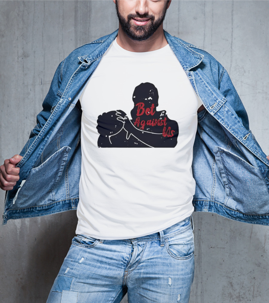 Bet Against Us Red Script Embracing Figures White Line T-Shirt