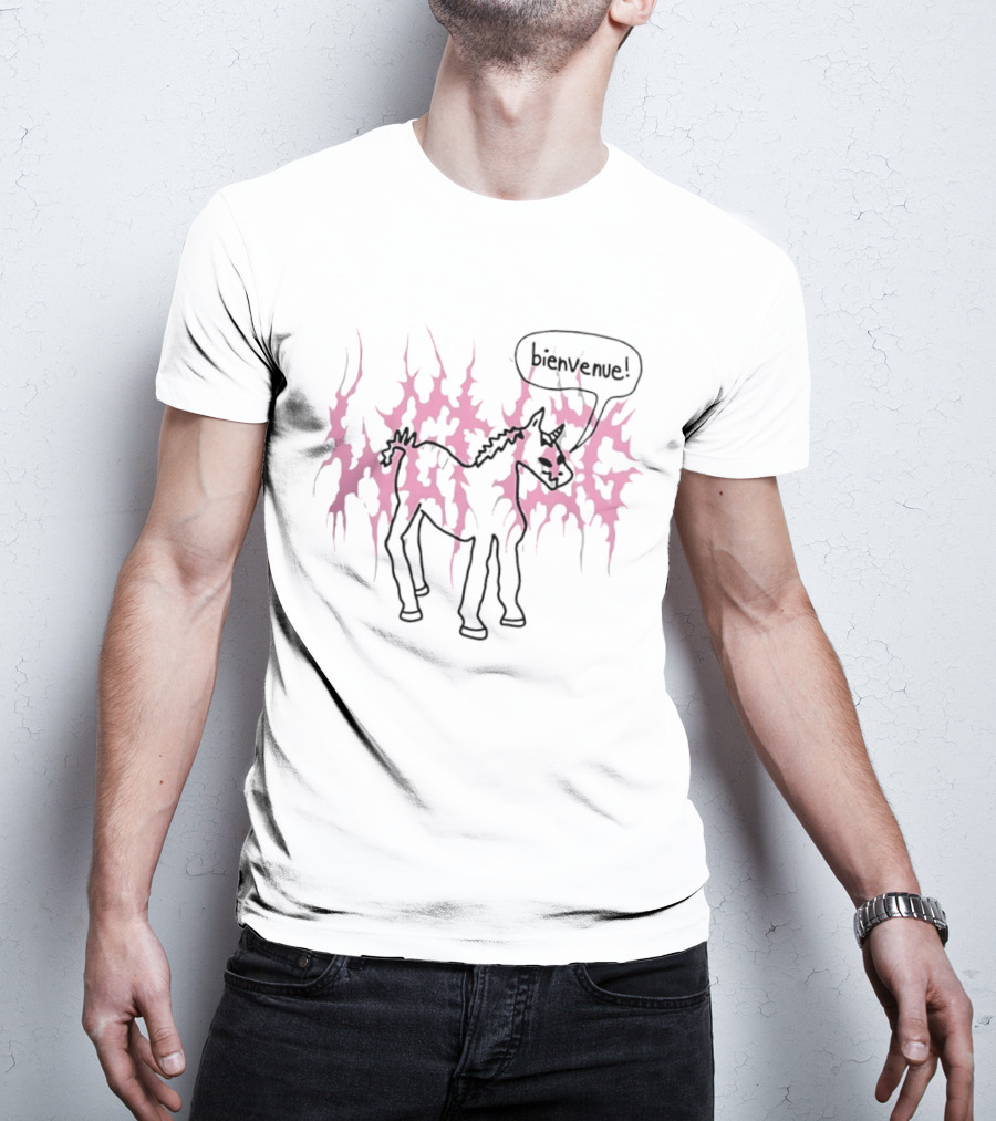 Bienvenue Cartoon Horned Unicorn Pink Flames T-Shirt