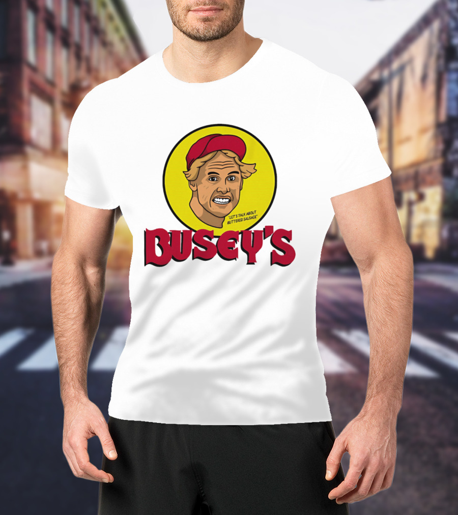 Busey's Let's Talk About Buttered Sausage Gary Busey Red Cap T-Shirt