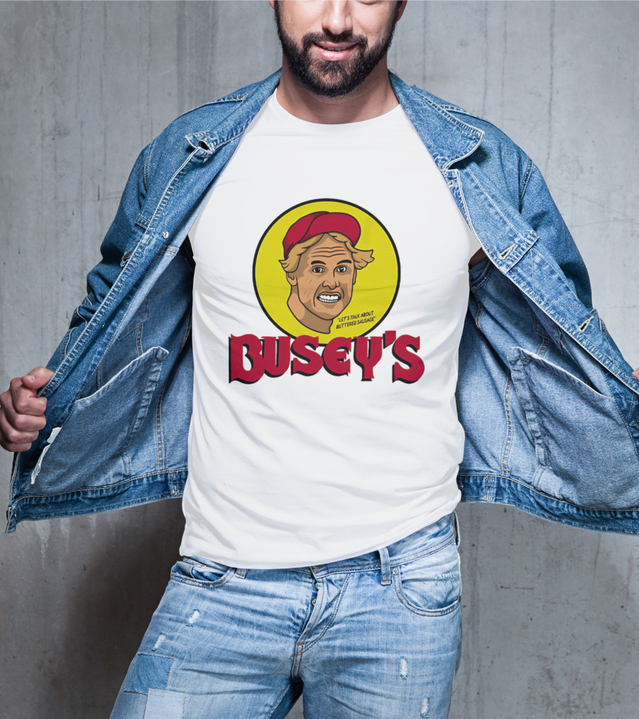 Busey's Let's Talk About Buttered Sausage Gary Busey Red Cap T-Shirt