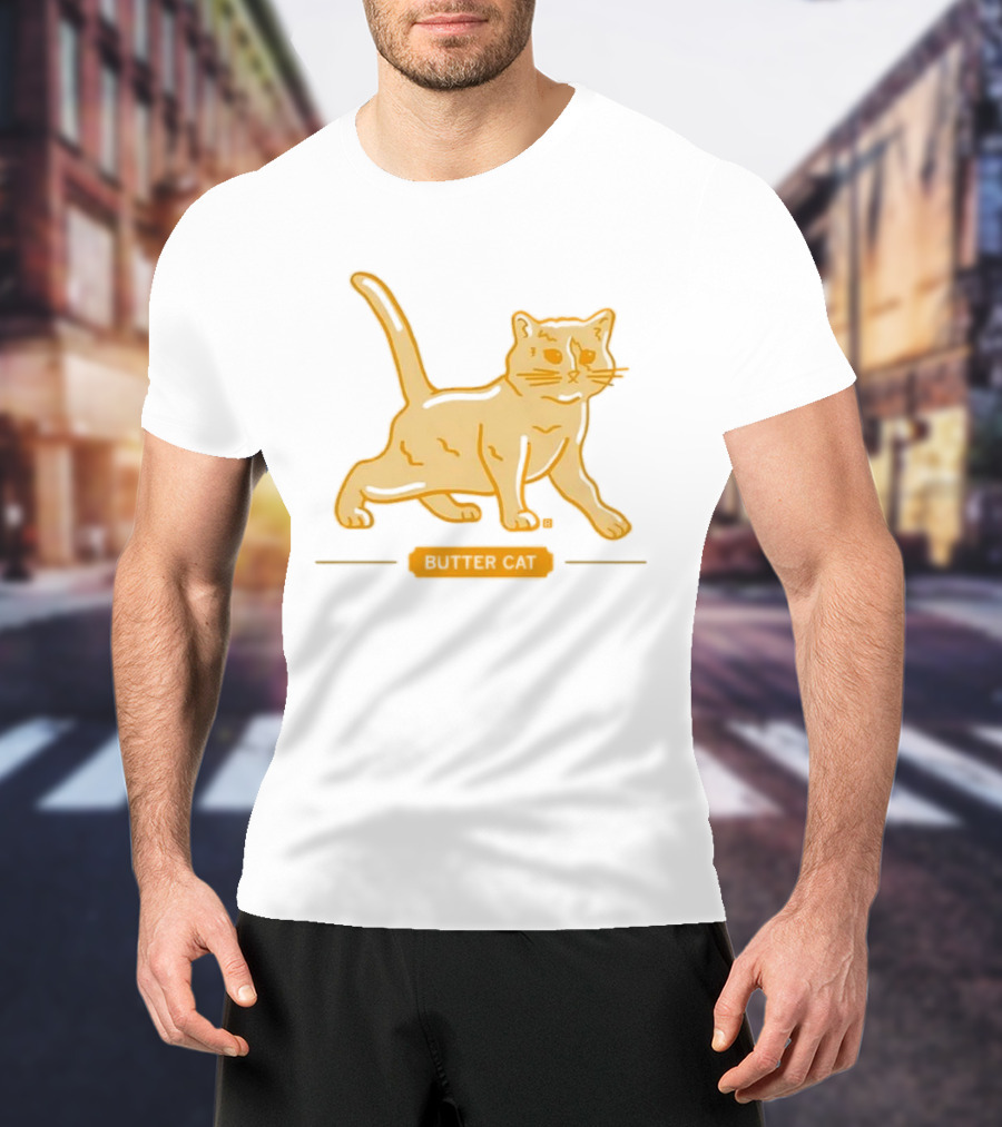 Butter Cat Yellow Orange Cartoon Walking Feline Line T-Shirt
